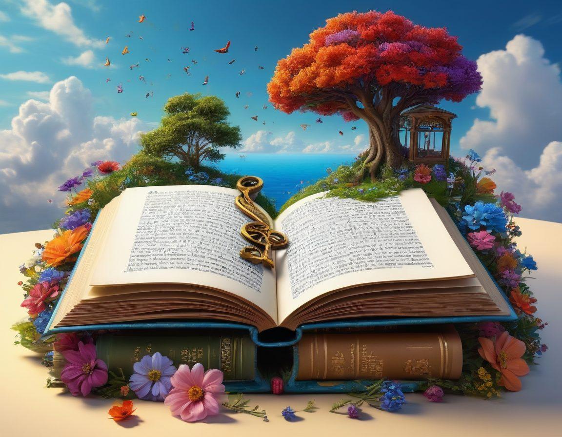 A whimsical landscape made of colorful words and phrases flowing like rivers, with a giant key unlocking a glowing book at the center, surrounded by blooming flowers made of synonyms, and a vibrant sky filled with literary symbols. super-realistic. vibrant colors. 3D.