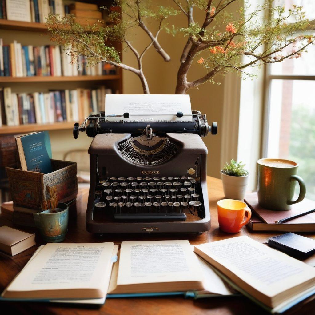 An imaginative workspace featuring a vintage typewriter surrounded by colorful language books, a steaming cup of coffee, and a notepad filled with vibrant vocabulary words. Incorporate a whimsical language tree blossoming with words and phrases. The atmosphere should inspire creativity and growth in writing skills. painting. vibrant colors. warm lighting.